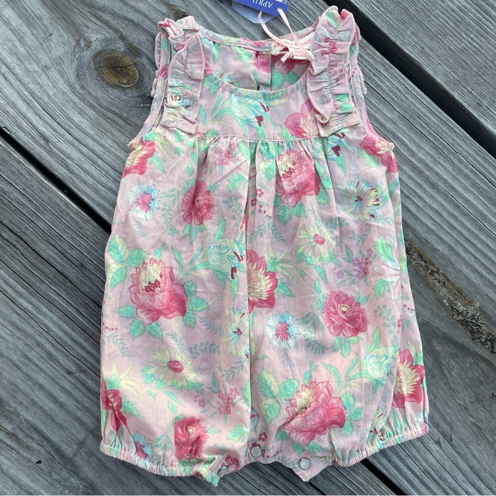 April Cornell Baby 0-6M Sleeveless One-Piece Bubble Romper Pink Floral Ruffled